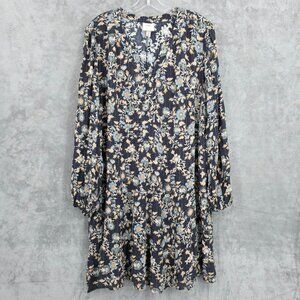 Knox Rose Tiered Shift Dress L Blue Floral Metallic Gold Stripe Boho Long Sleeve